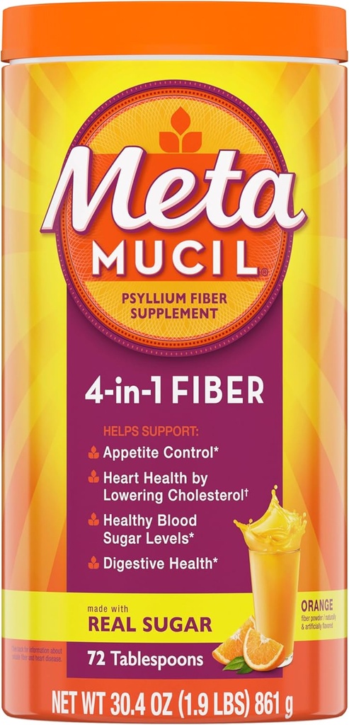 Metamucil 4-i-1 Psyllium Husk Fiber Supplement, Real Sugar, 72 matskedar, Orange smaksatt, Daily Fiber Powder för Digestive Health, gjord med växtbaserad Psyllium Husk Fiber