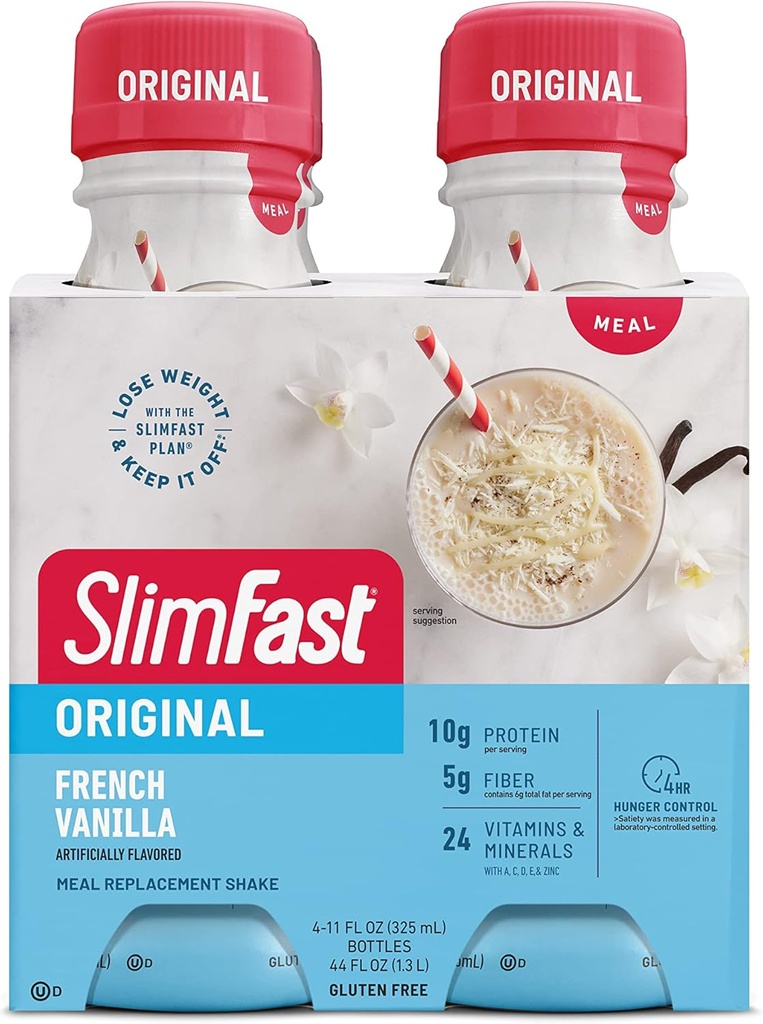 SlimFast Meal Replacement Shake, Original French Vanilla, 10g redo att dricka protein för viktminskning, 11 Fl. Oz Bottle, 4 Count (Packaging May Vary)
