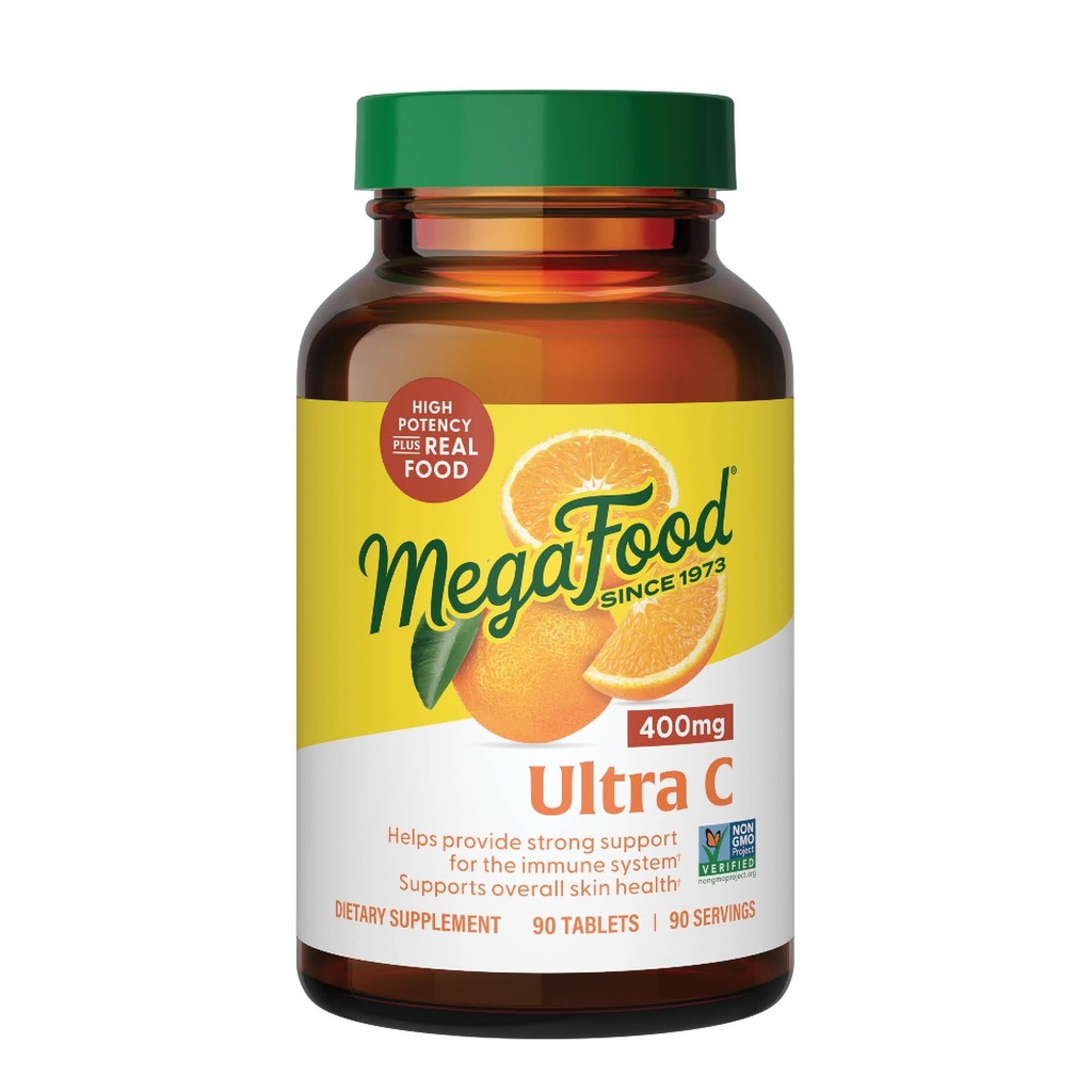 MegaFood Ultra C 400 mg - Vegan Immune Support Supplement med vitamin C, Made with Real Food Including Broccoli, Carrot, Cranberry & Brown Rice, Gluten-Free, Kosher - 90 tabletter, 90 portioner