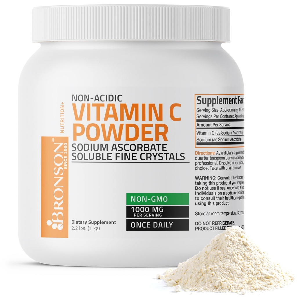 Bronson Non Acidic Vitamin C Powder Sodium Ascorbate Non GMO Soluble Fine Crystals - Healthy Immune System, Antioxidant and Cell Protection, 1 Kilogram (2,2 lbs, 35,3 Ounces)