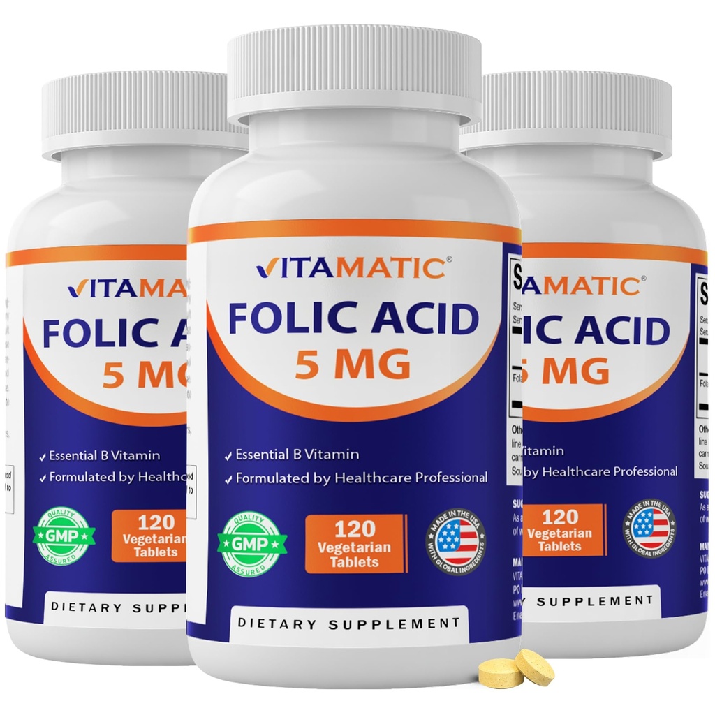 Vitamatic Folic Acid 5mg (5000 mcg) - 120 Vegetariska tabletter per flaska - Vitamin B9 (Folat) - 3-Pack | Total 360 tabletter