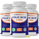 Vitamatic Folic Acid 5mg (5000 mcg) - 120 Vegetariska tabletter per flaska - Vitamin B9 (Folat) - 3-Pack | Total 360 tabletter
