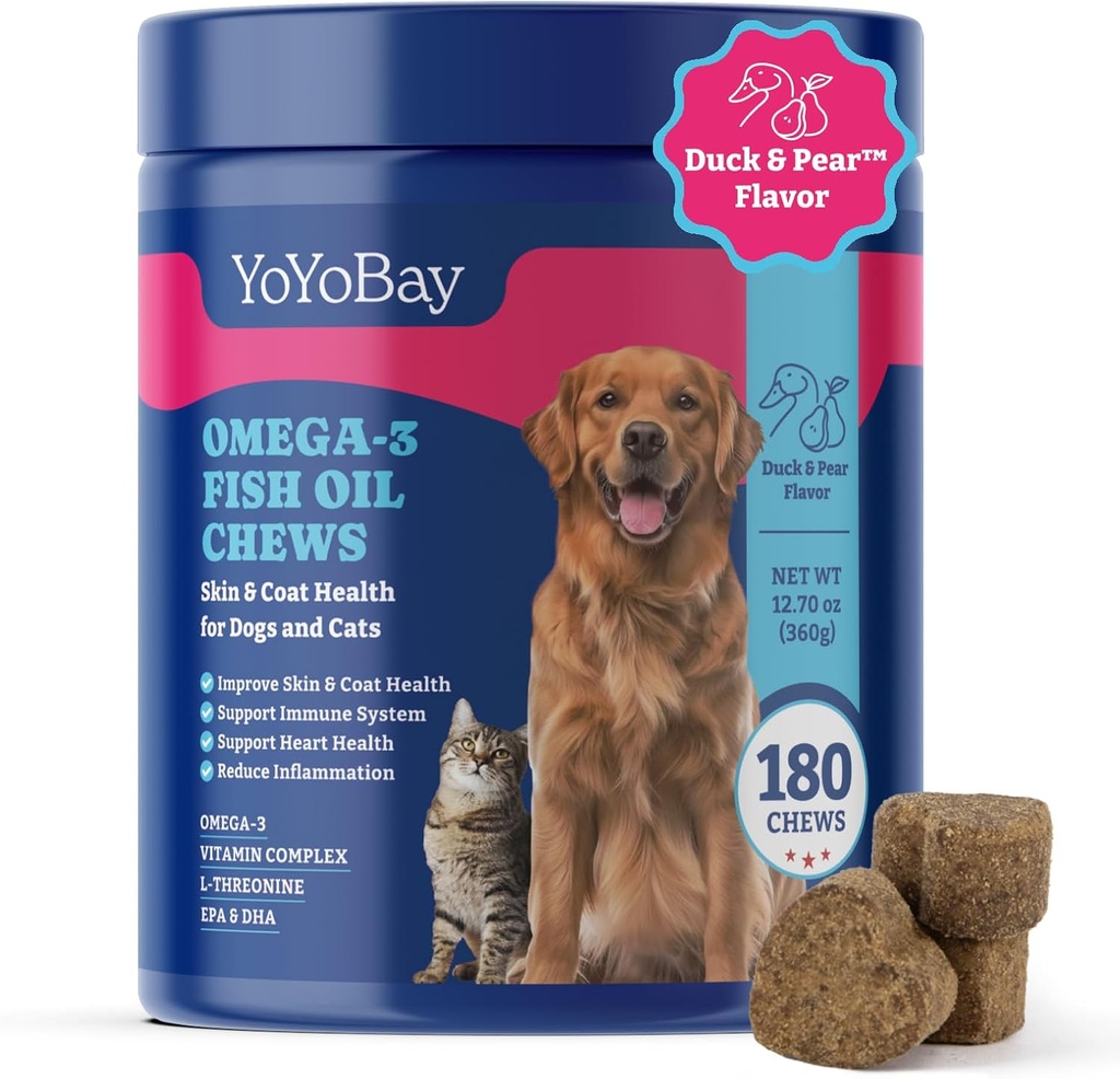 Fish Oil Chews för hundar och katter, Omega 3 Fish Oil för hundar - Rich i Omega 3, 6 och 9 med linfröolja, EPA & DHA - 180 mjuka käkar, Duck & Pear smak - Anti-Inflammation, hud & Coat Health