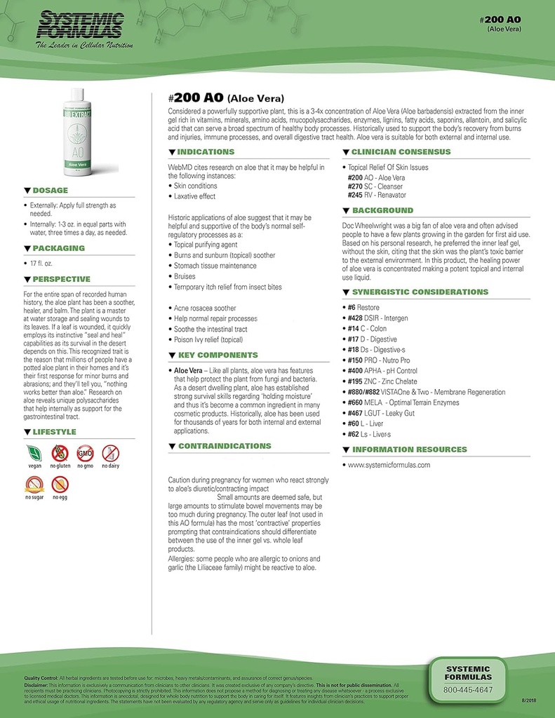 Systemiska formler AO - Aloe Vera 16 Fl Oz BioExtract #200. 3-4x Koncentration av Aloe Vera Extract från Inner Gel Rich. för intern och extern användning.