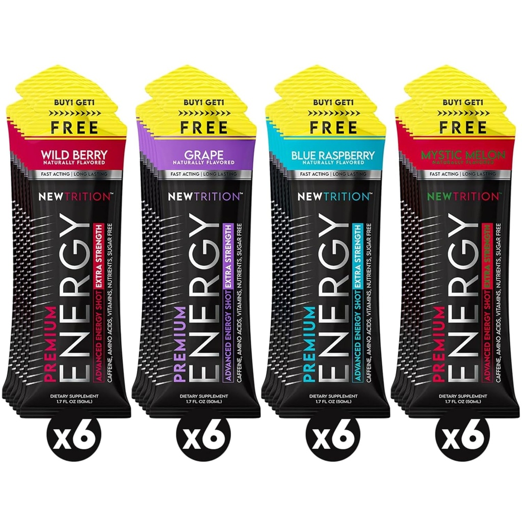 NewTrition® Extra Strength Energy Shots 1.7 fl oz (Pack of 24, 4 Flavors) - 250mg Caffeine with B Vitamins & Amino Acids, Sugar-Free Zero Calorie Vitamin Energy Drink for Focus & Endurance (Mixed-1)