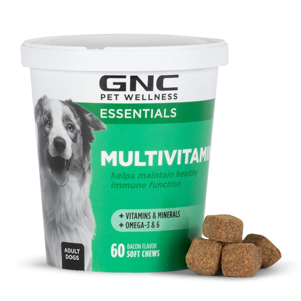 GNC Pets Essentials Dog Multivitamin Soft Chews, Salmon Oil Dog Supplement i Bacon Flavor, Immune Booster och Skin and Coat Support Chewable med vitaminer och mineraler, 60 Count