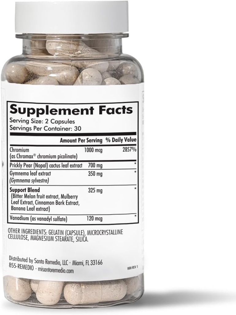 Santo Remedios exklusiva formel med Nopal, Chromium Picolinate (Chromax), Gurmar (Gymnema Silvestre) och Vanadylsulfat. 60 kapslar (30 portioner)