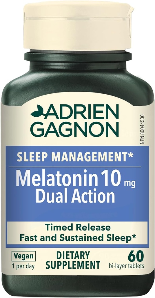 Adrien Gagnon - Melatonin 10mg, Dual Action Time Release Melatonin för djup sömn, naturliga sömnhjälpmedel för vuxna extra styrka, 60 Vegan Melatonin snabbt lösa tabletter