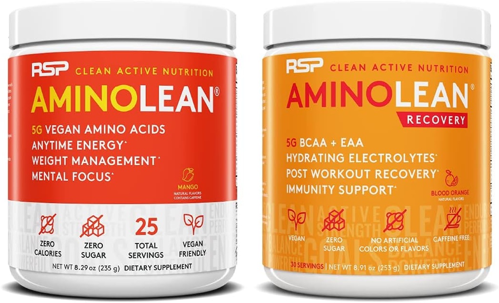RSP NUTRITION Vegan AminoLean Pre Workout Energy (Mango 25 Servings) med AminoLean Recovery Post Workout Boost (Blood Orange 30 Servings)