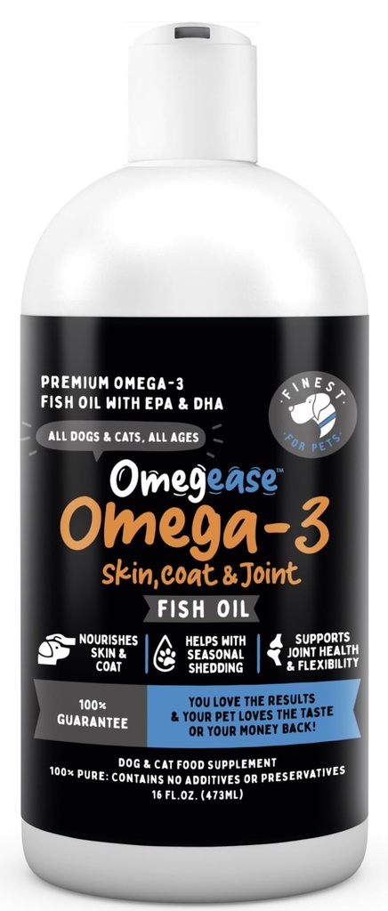Omegease Fish Oil for Dogs & Cats - Finest for Pets Omega 3 for Cats & Dogs - Supplement for Skin & Coat, Itching, Shedding, Joints & Immune Health - 100% Pure Omega Fish Oil med EPA & DHA (16 oz)