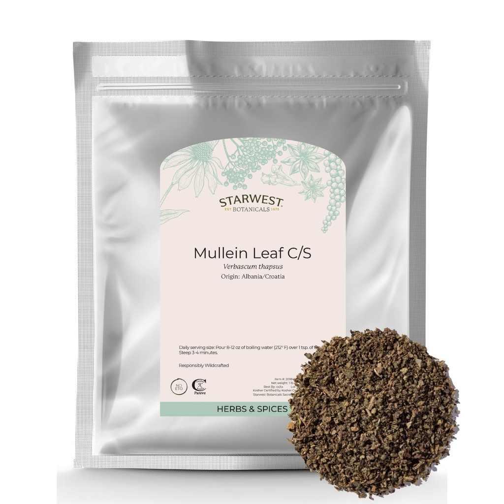 Starwest Botanicals Wildcrafted Mullein Leaf - Torkad lös Leaf Herb för te, Cut & Sifted Bag, Natural Source of Antioxidants, Certified Kosher - Bulk 1 lb Bag