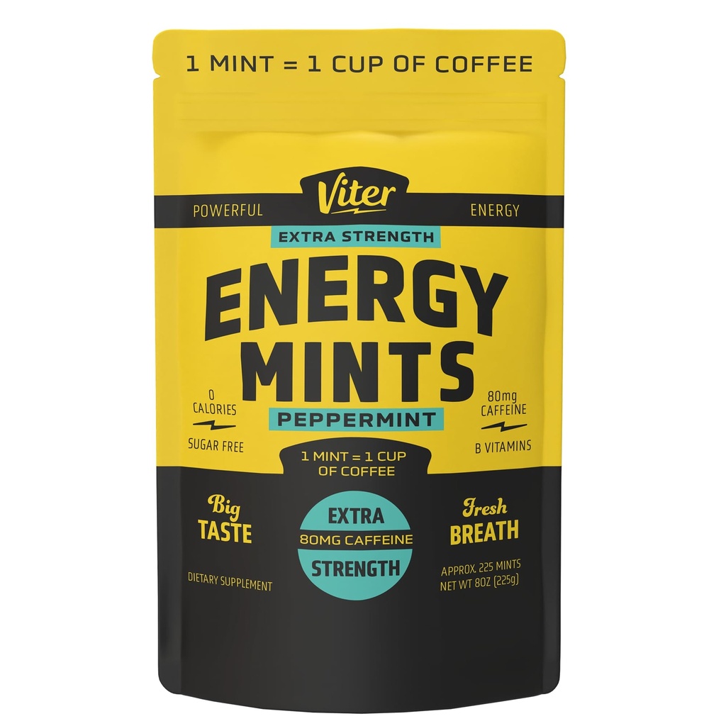 Viter Energy Extra Strength Caffeinated Mints 80mg Koffein, B Vitaminer, Sugar Free. (Peppermint, 8oz, Bulk Bag)