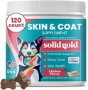 Solid Gold Omega 3 Fish Oil för hundar Mjuka Chews - Kyckling smaksatt Omega 3 för Dog Skin & Coat Health - Vitamin C, E & Biotin Chews för torr hud, Immune Support & Itch Relief för hundar - Alla åldrar 120ct