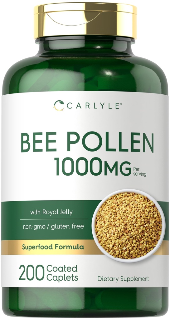 Carlyle Bee Pollen Supplement | 1000mg | 200 Caplets | med Royal Jelly och Bee Propolis | för män och kvinnor | Vegetarian, icke-GMO, Gluten Free