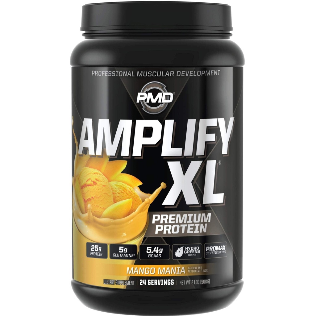 PMD Sports Amplify XL Premium Whey Protein Supplement Hydro Greens Blend - Glutamin och Whey Protein Matrix med Superfood för muskel, styrka och återhämtning - Mango Mania (24 portioner)
