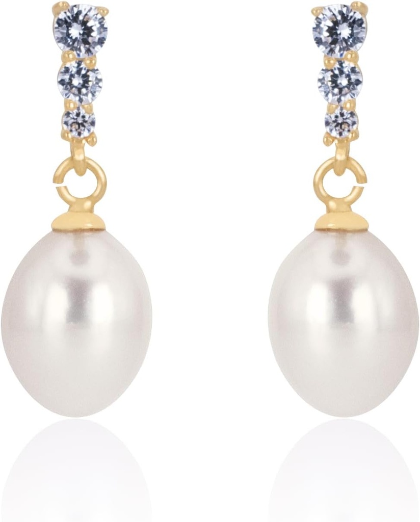 18K Gold Plated Sterling Silver Dangle White Drop Handpicked Quality Freshwater Kulturerad Pearl bröllop örhängen med kubiska Zirconia Crystals Pearl Bridal Earrings smycken för brudar
