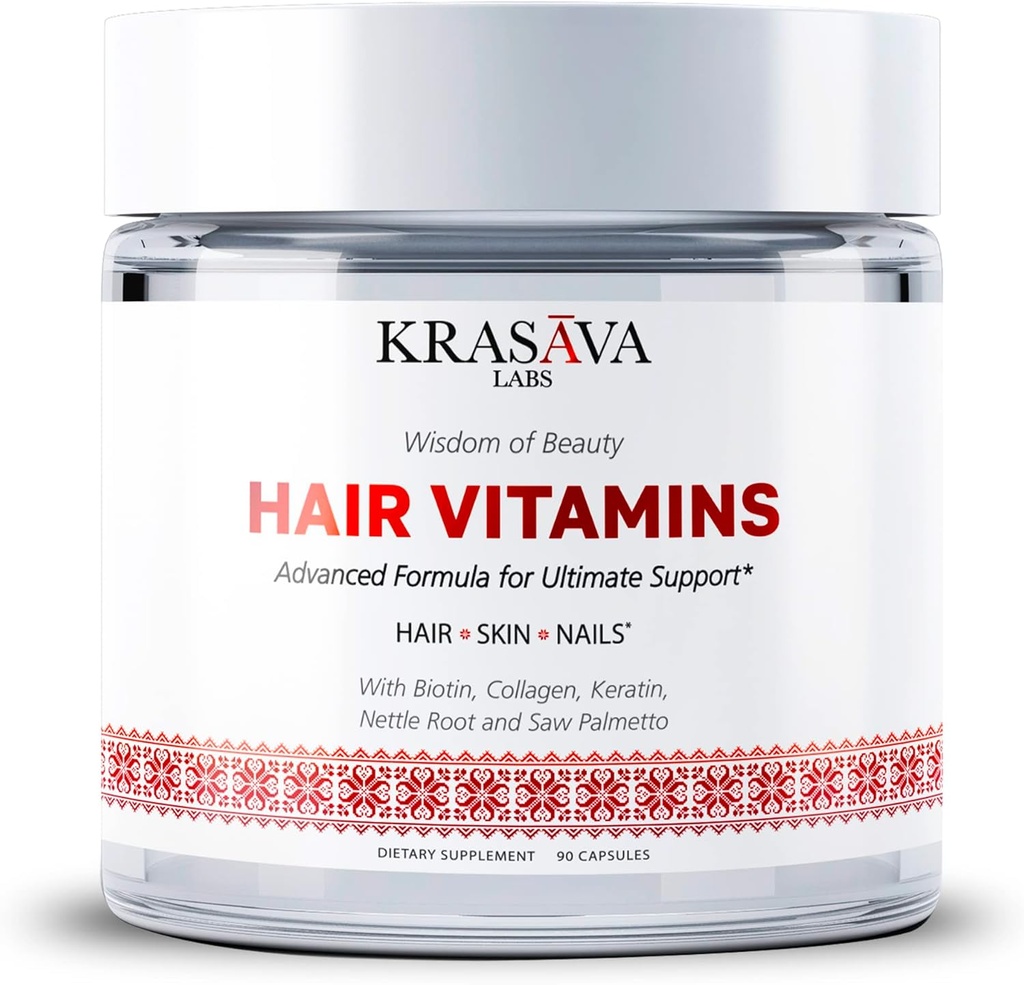 Hårtillväxt vitaminer med Biotin, Collagen, Keratin, Nettle Root och Saw Palmetto stöder hälsosamt hår, stimulerar hårfolliklar och förhindrar håravfall och gallring. Tillverkad i USA - 90 Count
