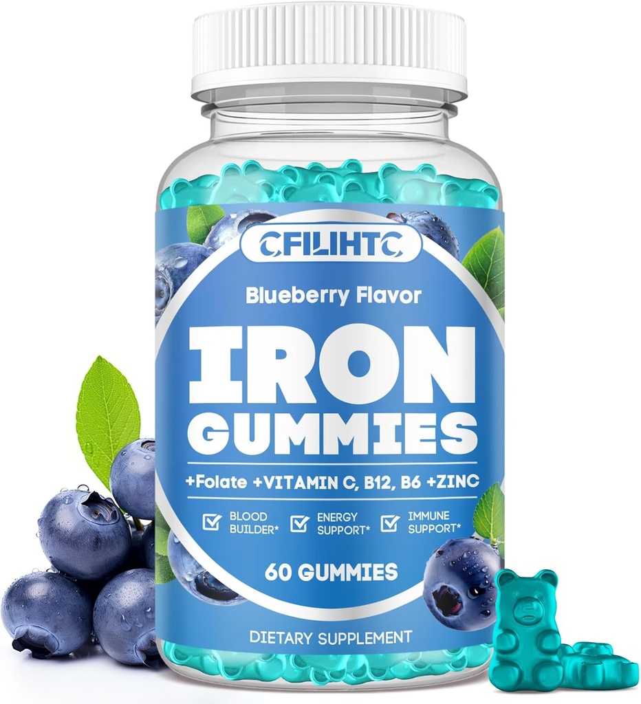 Iron Gummies for Women & Men - Iron Supplement with Vitamin B6, B12, C, Zinc, Folate for Adults & Kids - Support Iron Deficiency, Anemia, Energy Boost, Blood Builder - Sugar Free Vegan 60ct Blueberry