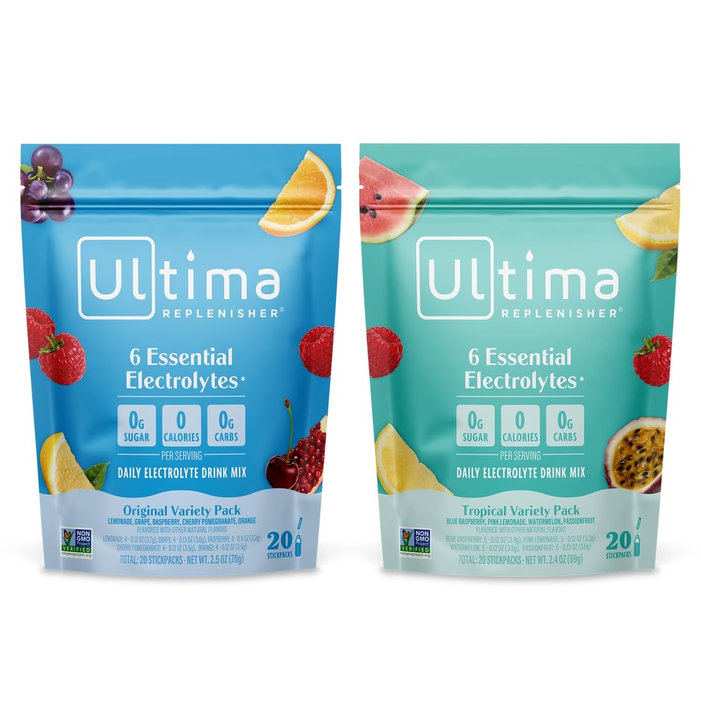 Ultima Replenisher Daily Electrolyte Powder Drink Mix - Sugar Free - Tropical Variety och 5-Flavor Variety, 20 Stickpacks - Hydration Packets med 6 elektrolyter och mineraler - Keto, Non-GMO