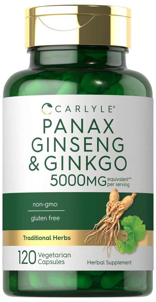 Carlyle Panax Ginseng & Ginkgo 5000mg | 120 Vegetariska kapslar | Icke-GMO & Gluten fri tillägg
