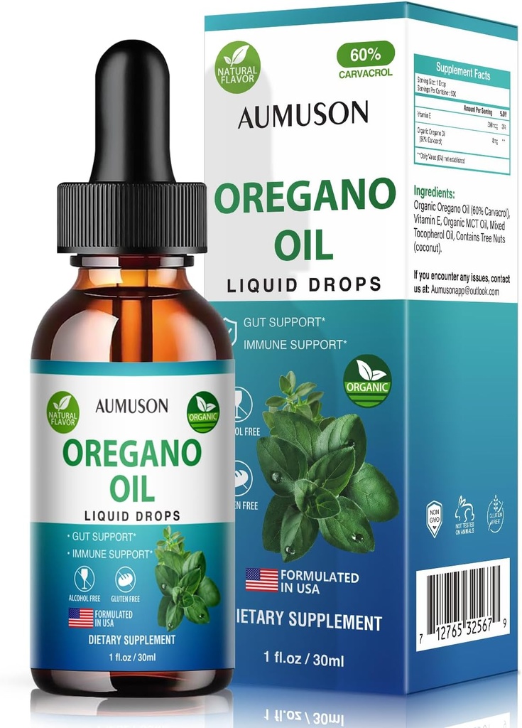 Oregano Oil Liquid Drops med Carvacrol, Vitamin E - 6 månaders leveransolja av Oregano Drops Tincture Extract, Cleanse, Detox, Immune Support, Digestive Gut Health - Pure Vegan Herbal Oregano Oil 1oz