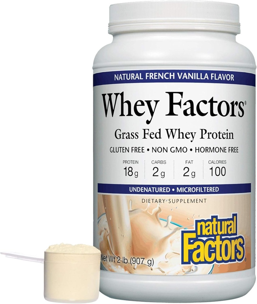 Whey Factors av naturliga faktorer, gräs Fed Whey Protein Concentrate, hjälper muskelutveckling och immunhälsa, franska Vanilla, 2 lb