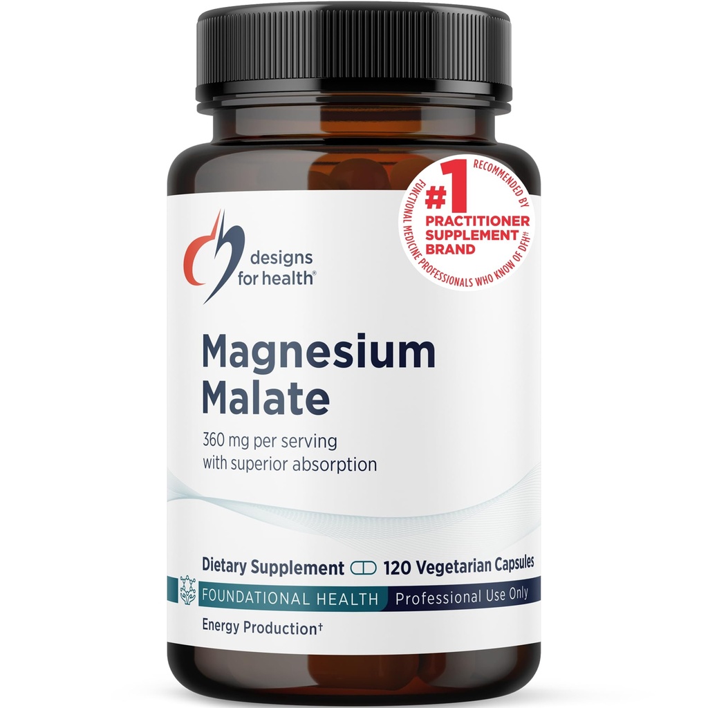 Designs for Health Magnesium Malate - Chelated Magnesium som Di Magnesium Malate - Mycket biotillgänglig form för att stödja energi, benhälsa + muskelåterställning (120 Magnesium Malate Capsules)