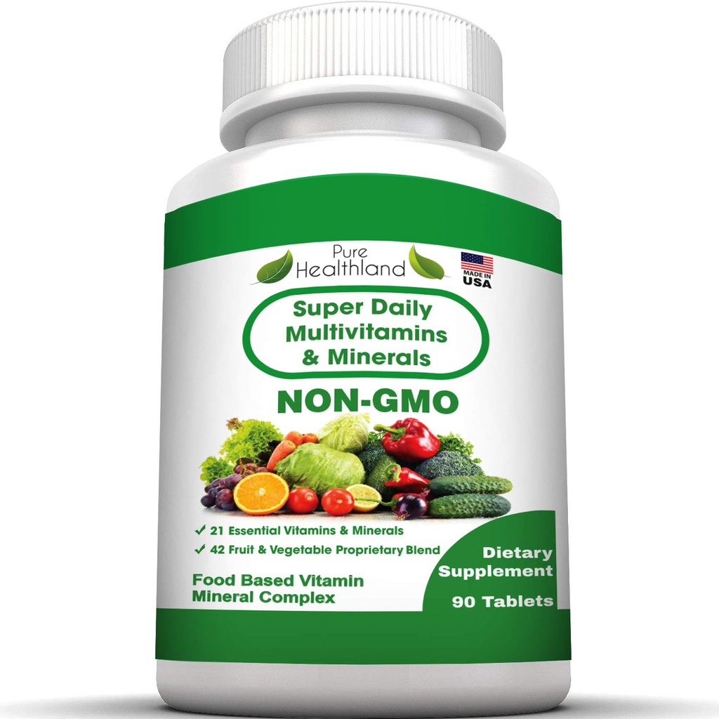 Rena Heathland Non-GMO Super Daily Multivitamin för vuxna - 42 naturliga frukter och grönsaker blandas med 21 viktiga vitaminer och mineraler - Vegan Coating tabletter, 90 greve, tillverkad i USA