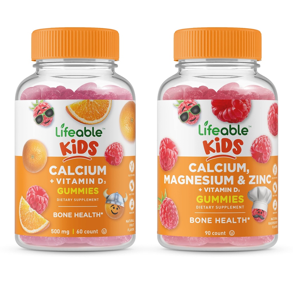 Livlig kalcium med vitamin D Kids + Calcium Magnesium & Zink Kids, Gummies Bundle - Great Tasting, Vitamin Supplement, Gluten Free, GMO Free, Chewable Gummy