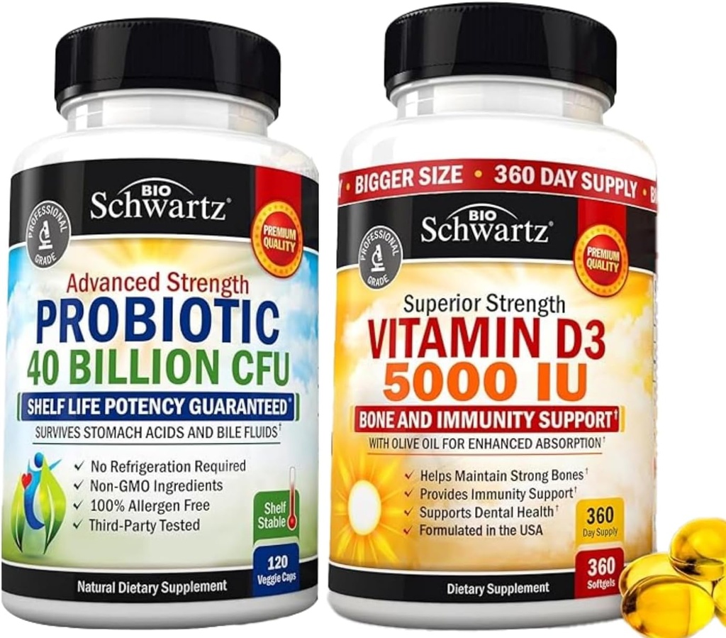 Hög styrka vitamin D3 5000 IE 125 mcg (1 års leverans) Plus 40 miljarder CFU Daily Probiotic Supplement (2 månads leverans)