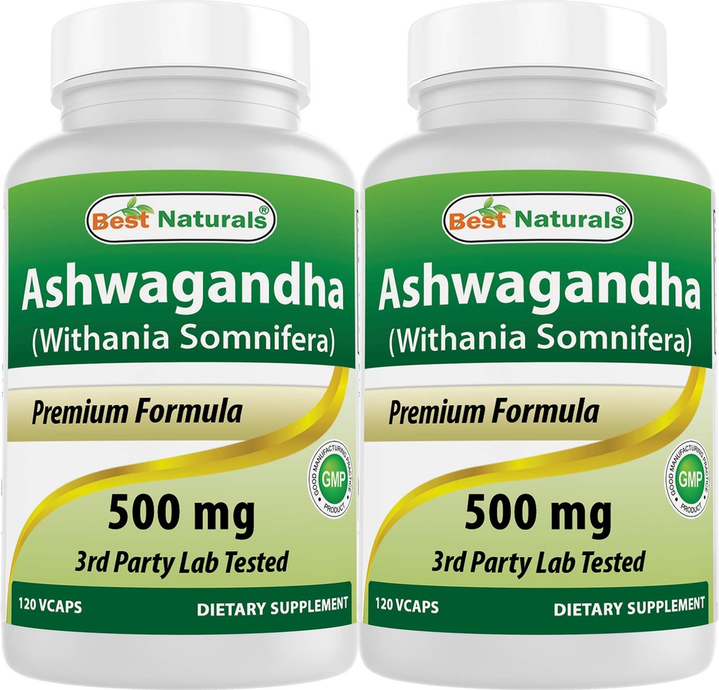 Best Naturals 2 Pack Ashwagandha Capsules for Relaxing Stress and Mood, 500 mg, 120 Count (Total 240 Capsules)