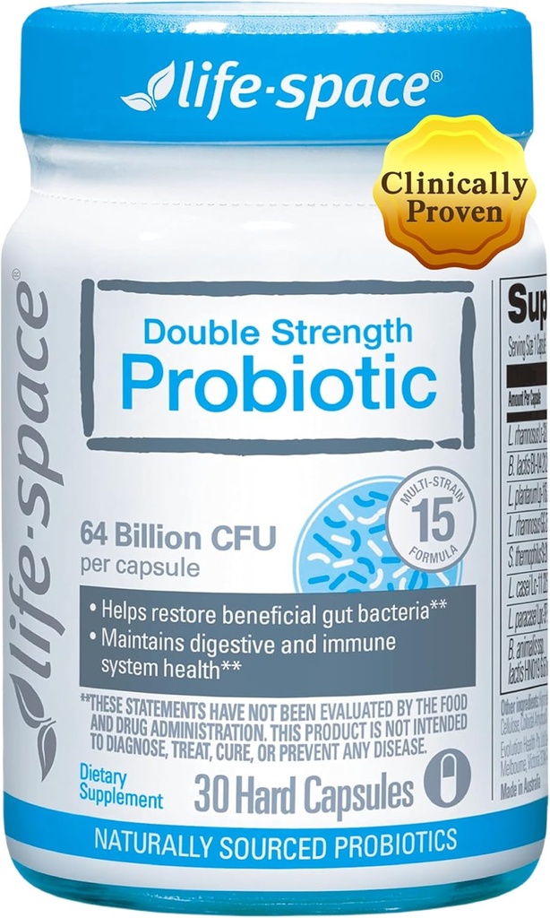 Life-Space Double Strength Broad Spectrum Probiotic, 64 miljarder CFU & 15 Diverse Strains, Redouble Formulerad för Digestive Health & Immune Health, Probiotics for Women & Men - 30 Veg Capsules