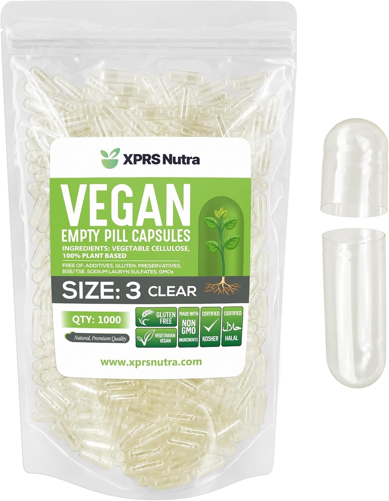 XPRS Nutra Size 3 Empty Capsules - 1000 Count Clear Empty Vegan Capsules - Vegetariska piller - DIY Vegetable Capsule Fyllning - Veggie Pill Caps