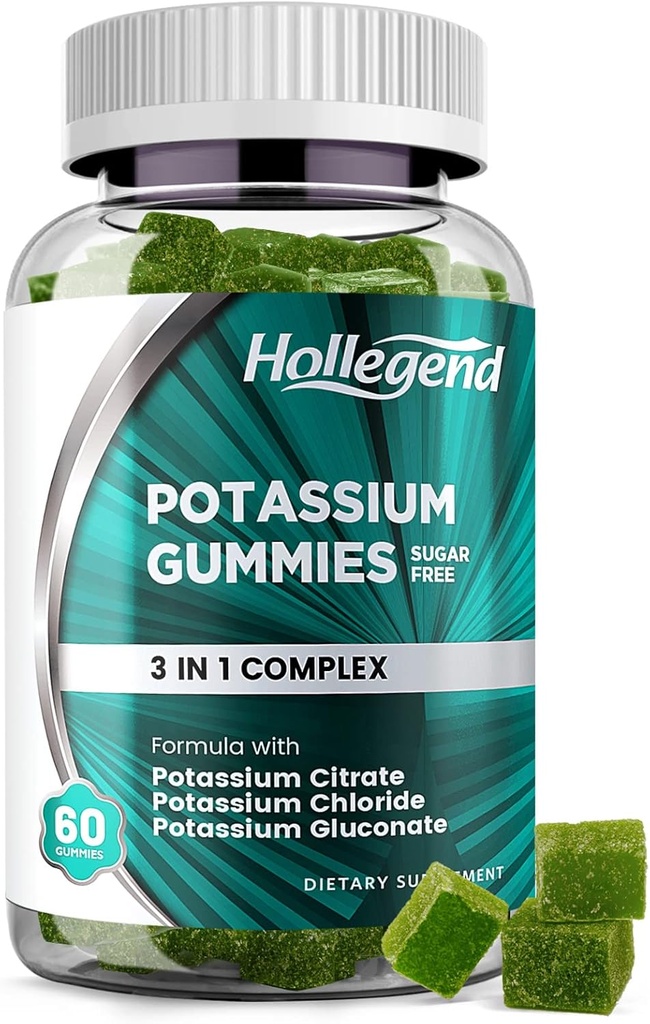 Kalium 3 i 1 Komplex Gummies Sugar Free, Ny Formel med 99mg Kaliumcitrat, Kaliumklorid, Kaliumglukonat, Leg Cramps & Muskeltillskott, 60 Chewables