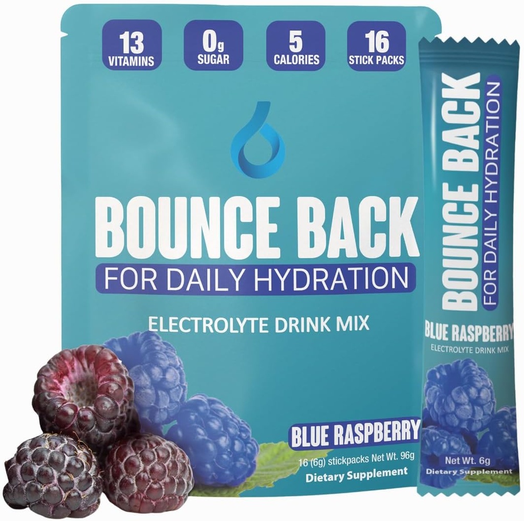 Bounce Back Daily Hydration - 13 viktiga vitaminer, Zero Sugar Electrolyte Packets - 5 kalorier, organisk - Keto och Intermittent Friendly | 0 Net Carbs (16 Pack, Blue Raspberry)