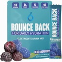 Bounce Back Daily Hydration - 13 viktiga vitaminer, Zero Sugar Electrolyte Packets - 5 kalorier, organisk - Keto och Intermittent Friendly | 0 Net Carbs (16 Pack, Blue Raspberry)