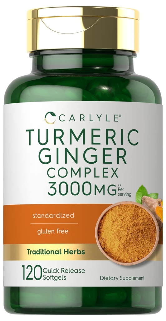 Carlyle Turmeric och Ginger Supplement 3000 mg | 120 Softgel Capsules | Turmeric Curcumin Complex | med Black Pepper Extract | Non-GMO, Gluten Free