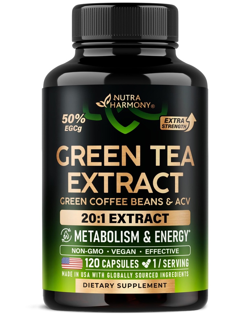 Green Tea Extract kapslar med gröna kaffebönor och Apple Cider Vinegar - Energi & Metabolism Support - Grönt te Supplement 50% EGCG - 20:1 Naturlig extrakt - för Män & Kvinnor - 120 Vegan kapslar