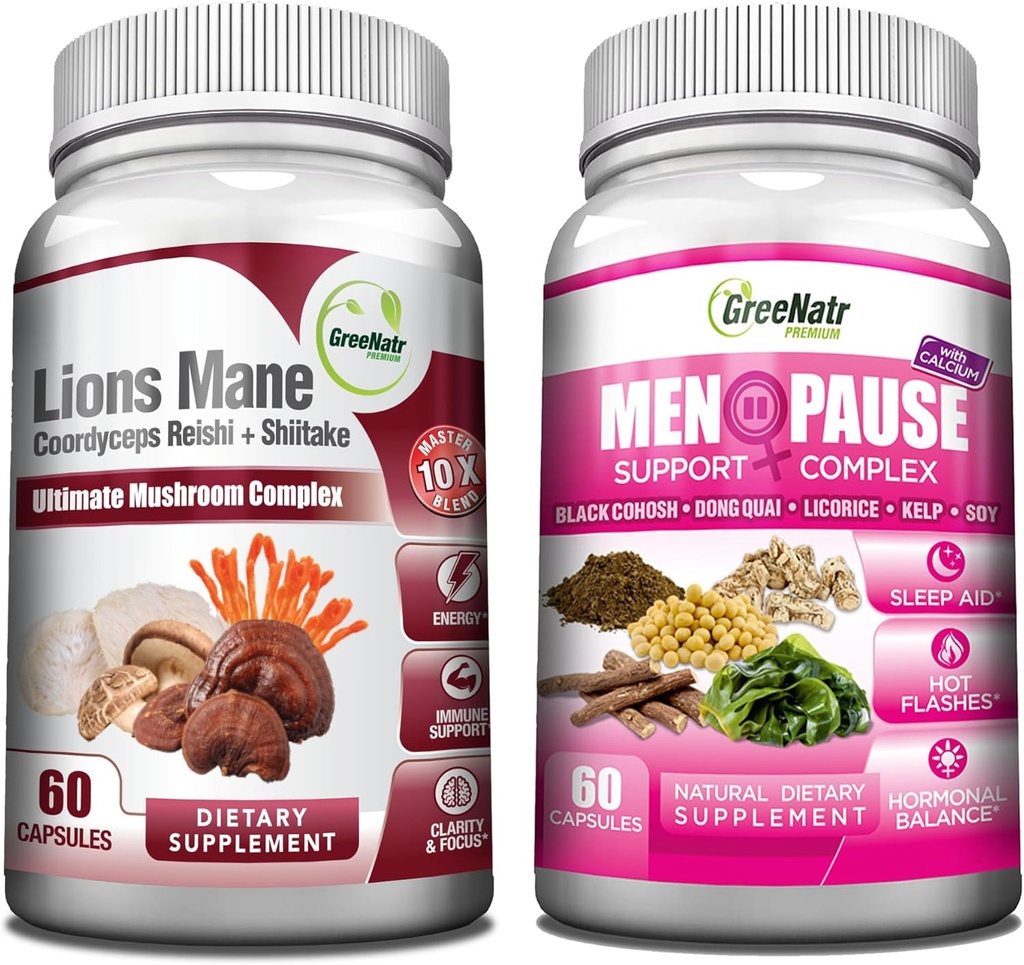GreeNatr Energy Boost Plus Menopause Support Bundle: Vår Mushroom Supplement ger en naturlig energiökning, främjar hållbar Vitalitet + Herbal Menopause Komplex för Hot Flashes, nattsvett