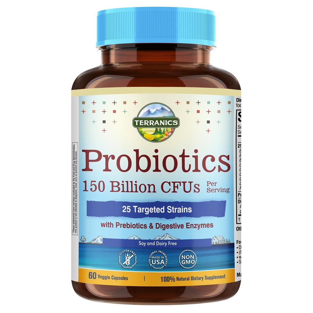 Terranics Daily Probiotics for Men & Women, 150 miljarder 25 Strains Colon Care Probiotics, med Prebiotics & Enzymes, Healthy Regularity, Delayed Release, Shelf Stable, 60 Veggie Caps