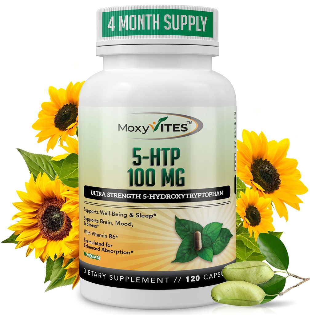 MoxyVites 5HTP 100mg Supplement, Plus B6, 5 HTP Organic Whole Food - Bästa Serotonin Booster - Non-GMO, 120 Vegan Capsules
