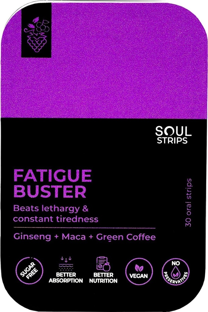Soul Strips Fatigue Buster Ginseng, Maca, Green Coffee, minskar mental och fysisk trötthet, blandade bär smak, snabb absorb, daglig användning, noll socker, Vegan, 30 Strips Pack