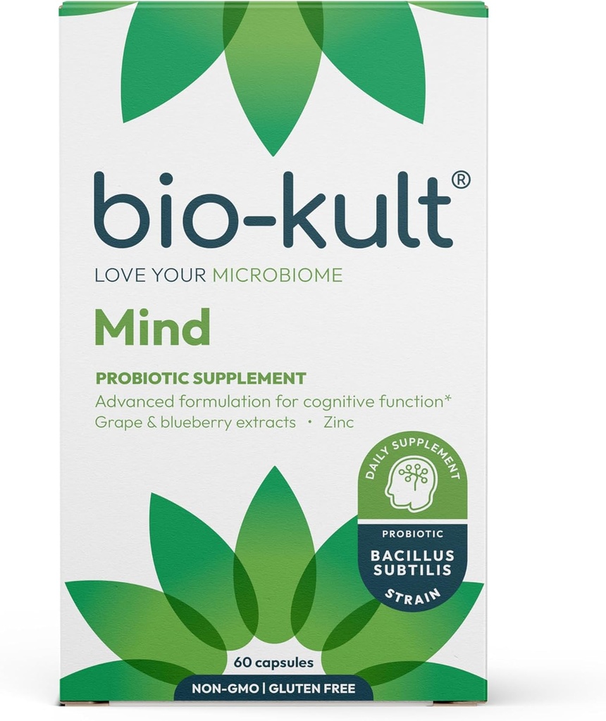 Bio-Kult Mind | Bacillus + Zink, Grape & Blueberry Extracts | Brain & Gut Support | Kognitiv funktion | 60 kapslar