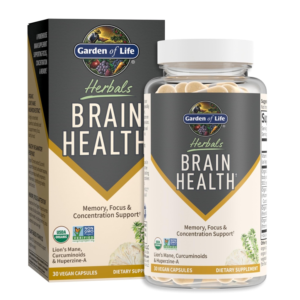 Garden of Life Brain Health Supplement med Organic Lion's Mane & Turmeric, Non-GMO, Gluten-Free, Mint smak - för minne, fokus och hälsosam hjärnfunktion