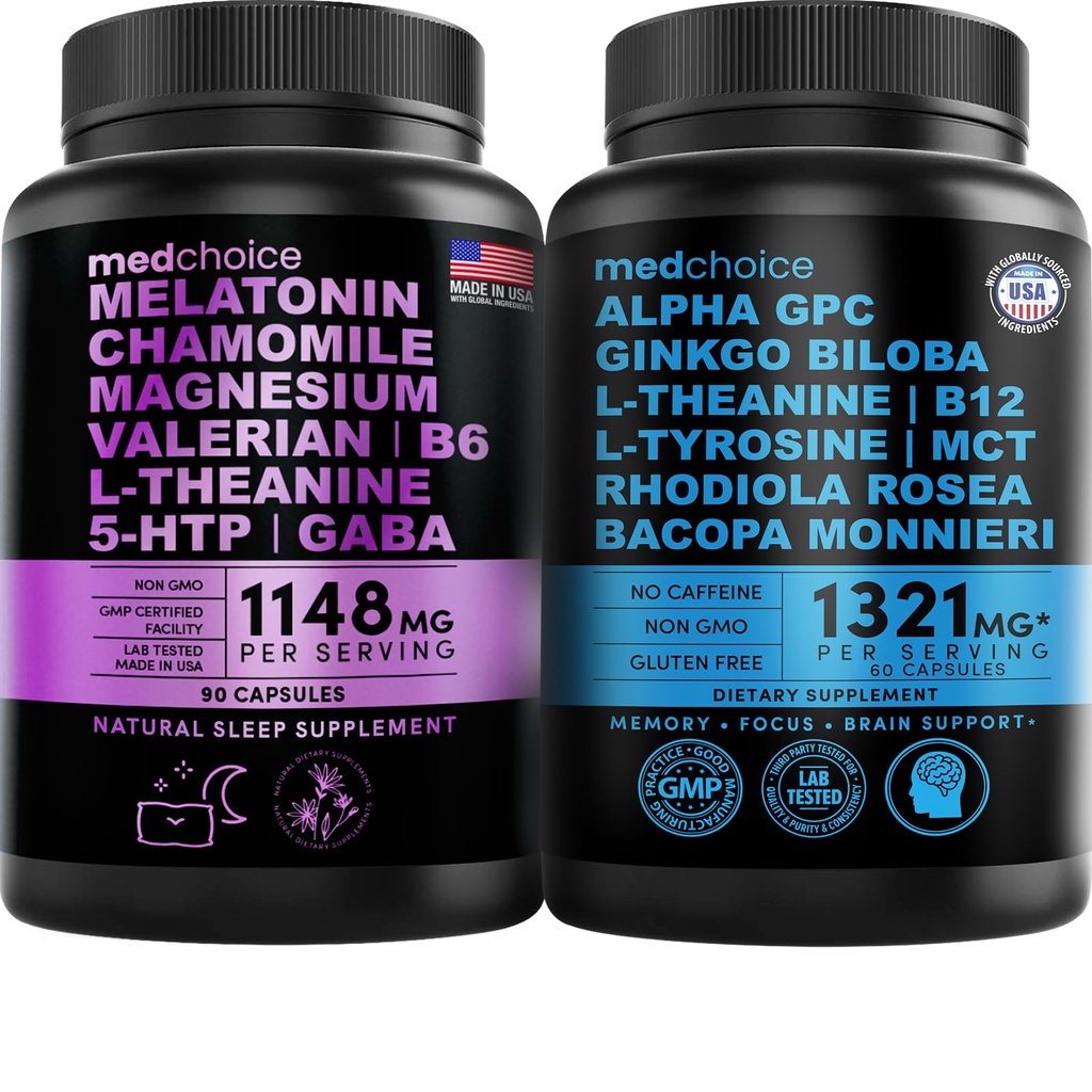 MEDCHOICE Sleep Melatonin (90ct) och Nootropic Brain (60ct) Supplement Bundle - Wellness Duo för sömn, hjärna, fokus och humörstöd - Vegan, icke-GMO, Gluten-Free
