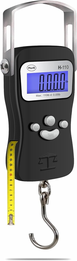 AWS Digital Luggage Scale, Fish Weighing Scale, Hanging Scale 110lb/50kg – Die-Cast Metal Construction, Built-in Tape Measure, Hook & Handle – för Travel, Fishing, Archery, Hunting, Outdoor (Black)