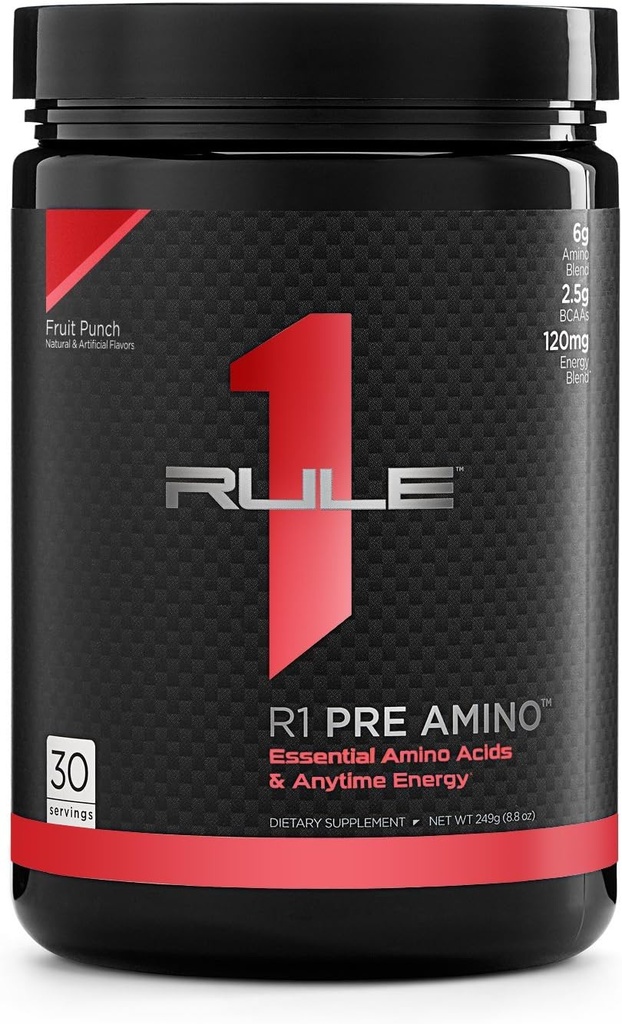 Regel 1 Proteins Pre Amino Acid Complex Fruit Punch, när som helst energiökning, koffein från grönt te och kaffeextrakt, uthållighet, fokusstöd, 30 portioner, 15 Oz