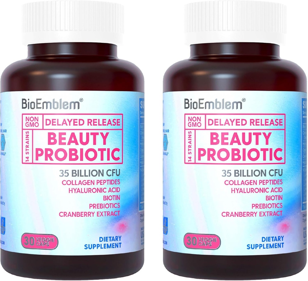 BioEmblem Beauty Probiotics for Women, 35 miljarder CFU 14 Stammar med Biotin, Collagen, Prebiotics for Digestive Health, Hair Skin och Nails, Vaginal Probiotics Supplement, Shelf Stable, 60 Caps