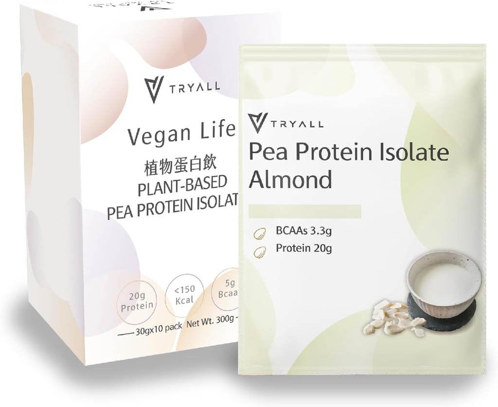 TRYALL Plant Based Pea Protein Powder Isolate (20g Protein) Travel Sachets (Almond Milk, 10 Packs)