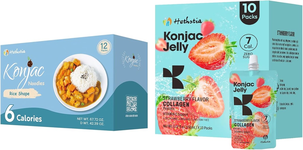 Hethstia Konjac Jelly Strawberry Flavor med Collagen Peptides 10 Packs och Konjac Rice Gluten Free 12 Packs Low Calorie, Keto, Sugar Free, Healthy Food